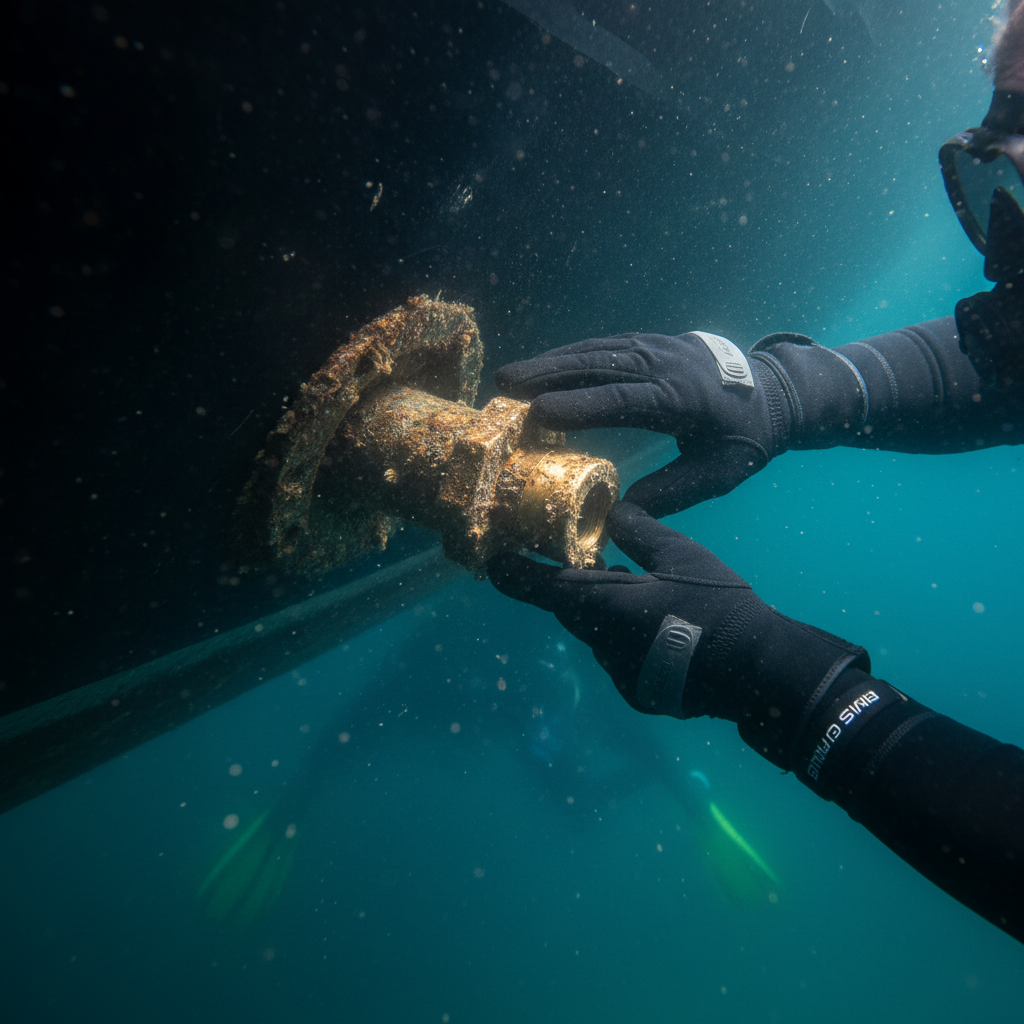 Professional diver performing intake grate clearance in low visibility