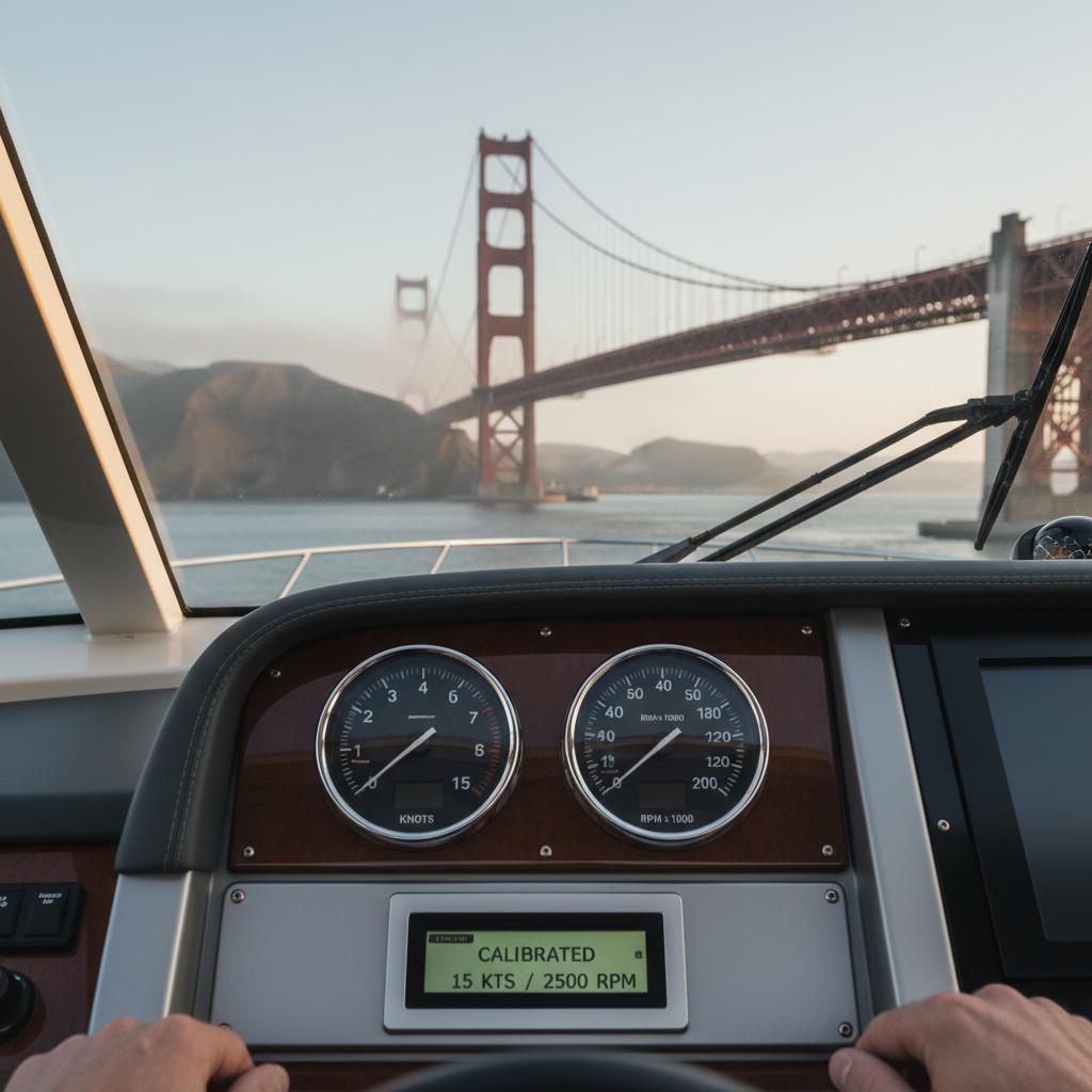 Digital dashboard showing Knot-to-RPM calibration data on a boat in San Francisco Bay