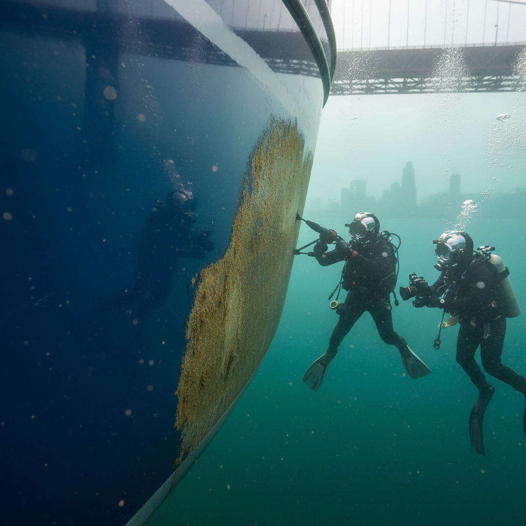 Underwater view of hull drag analysis showing biofouling growth