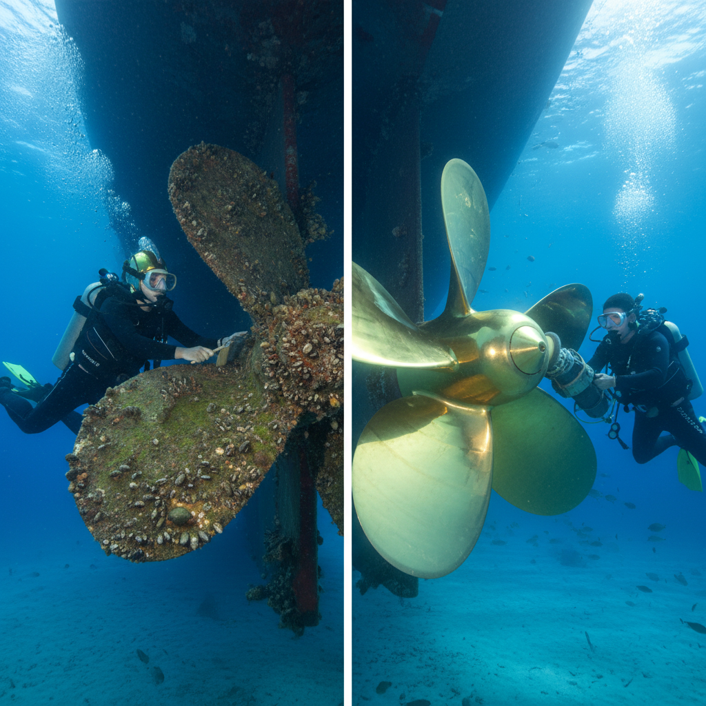 Before and after comparison of underwater blade inspection and cleaning