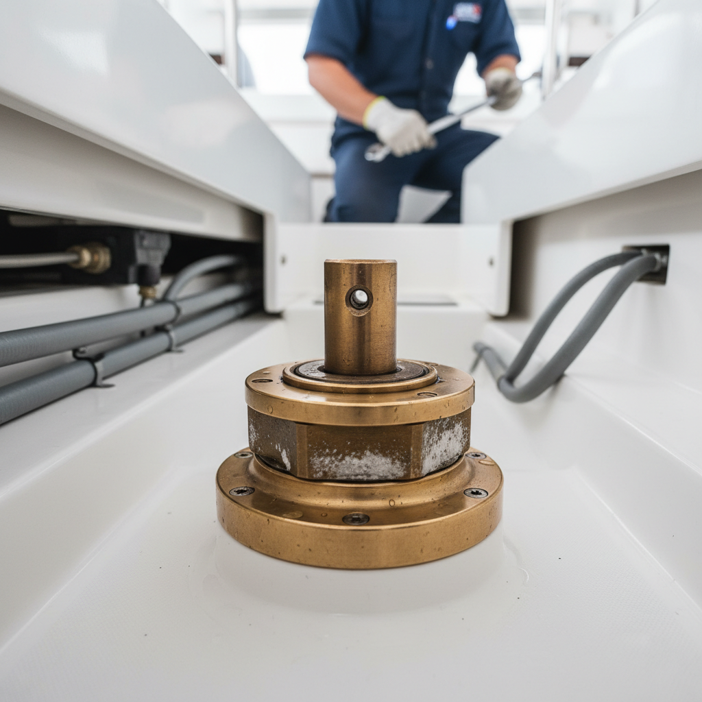 A bronze rudder port assembly showing signs of a leaking rudder post with salt buildup
