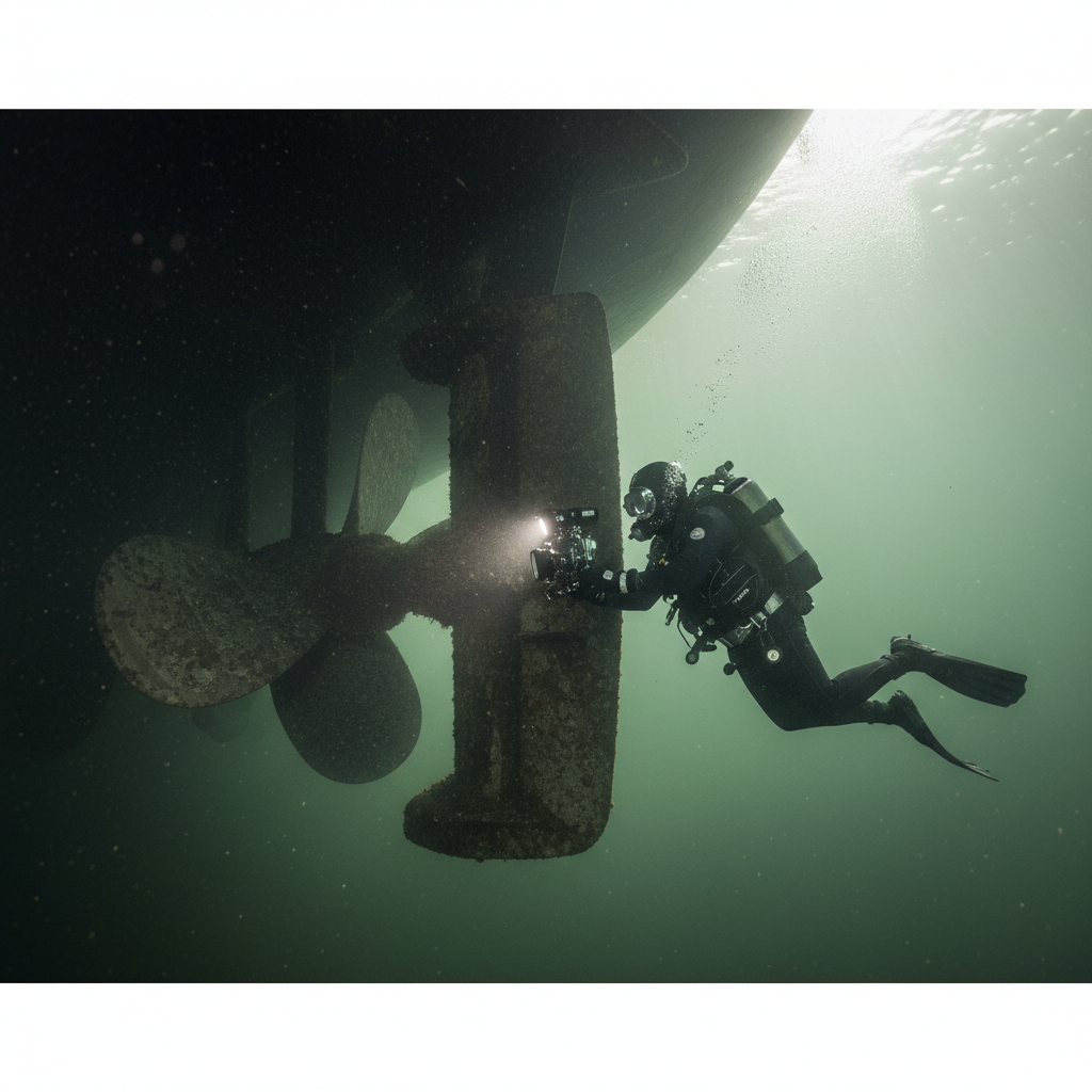 Professional diver performing a rudder port seal audit in the San Francisco Bay