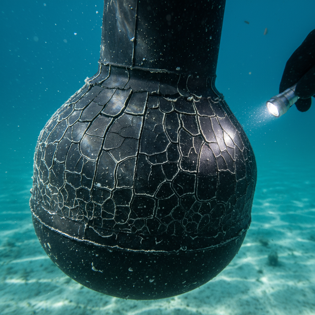 Close up of saildrive diaphragm health showing rubber crazing and alligatoring cracks