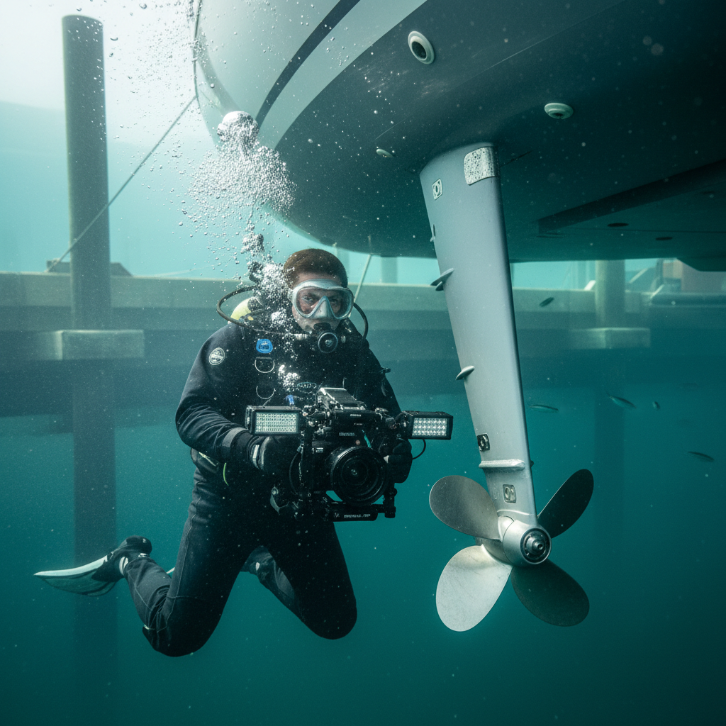 Professional underwater seal inspection on a Beneteau yacht at Pier 39