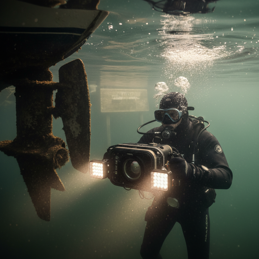 Professional diver performing Pittsburg Marina maintenance with underwater camera