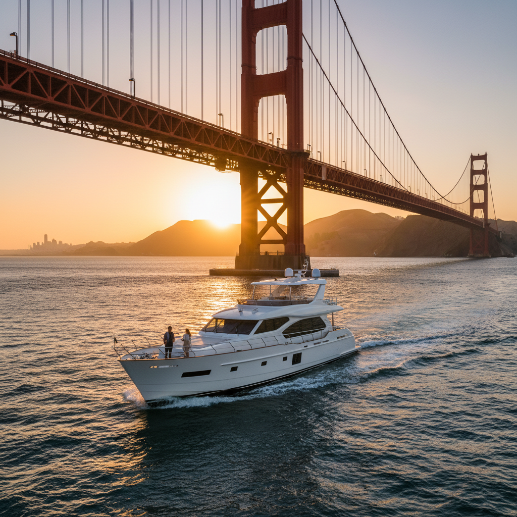 Tiburon motoryacht cruising smoothly in the Bay after underwater stabilizer maintenance