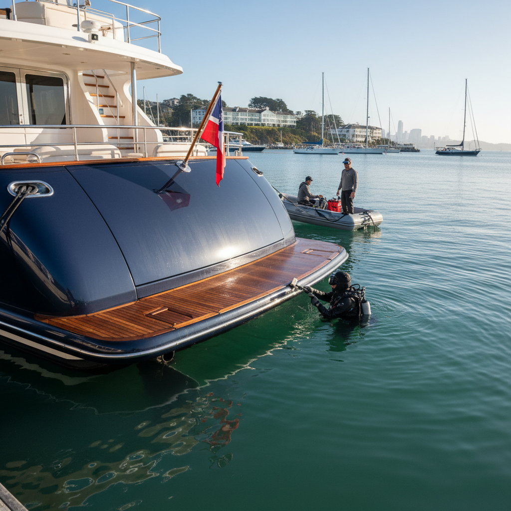 Trim tab synchronization being verified on a luxury yacht in Tiburon
