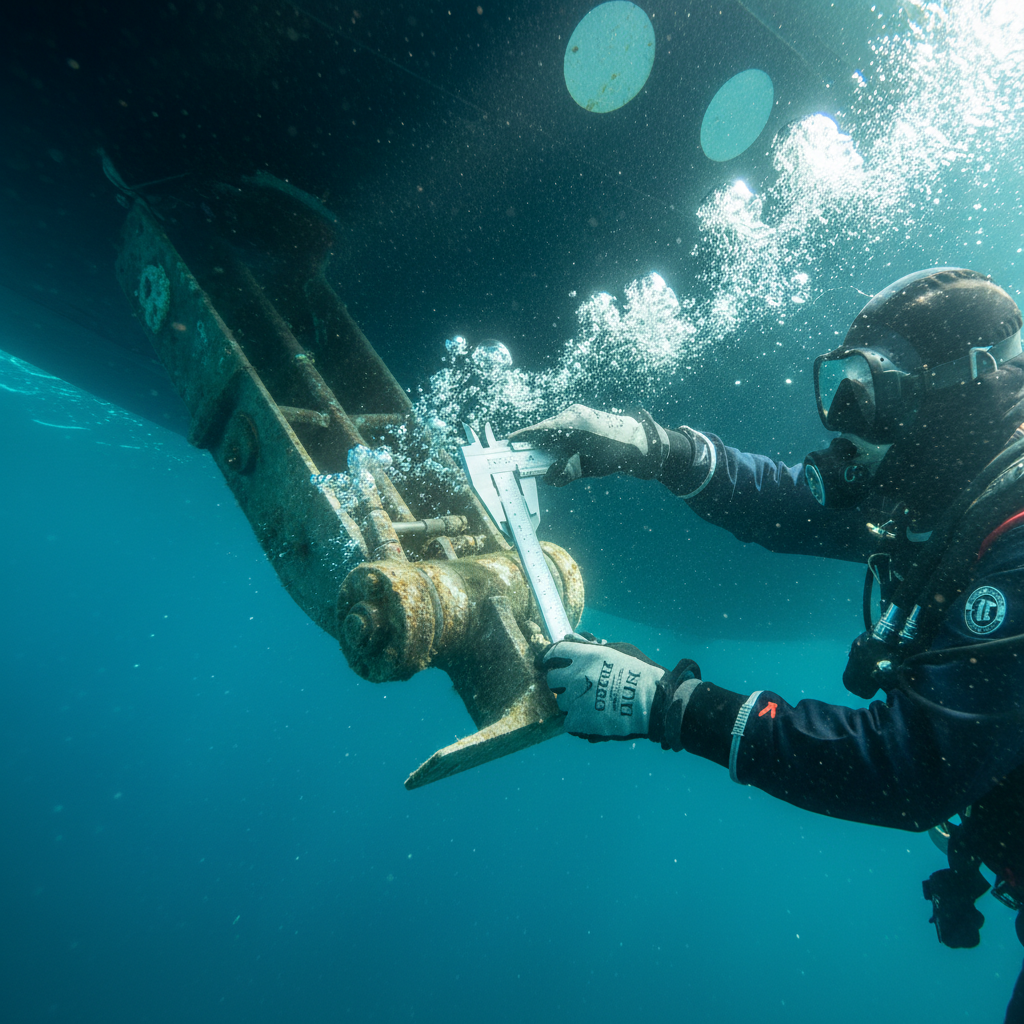 Underwater actuator inspection being performed by a professional diver