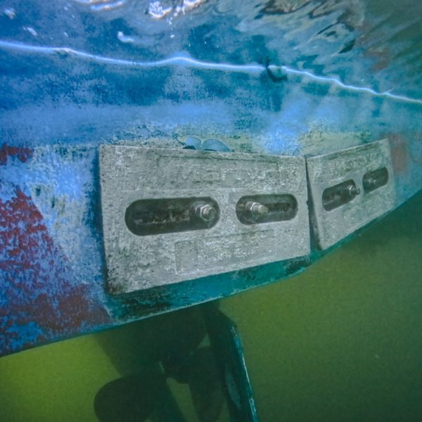 Hull anodes installed on boat for corrosion protection