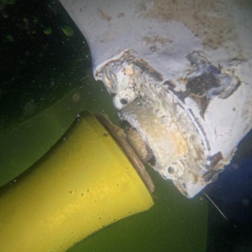 Corroded saildrive housing found during underwater boat inspection