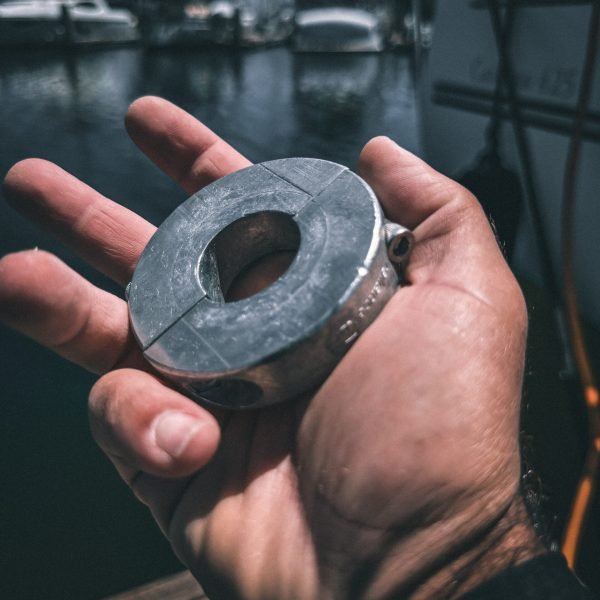 New shaft zinc anode ready for installation on a boat propeller shaft