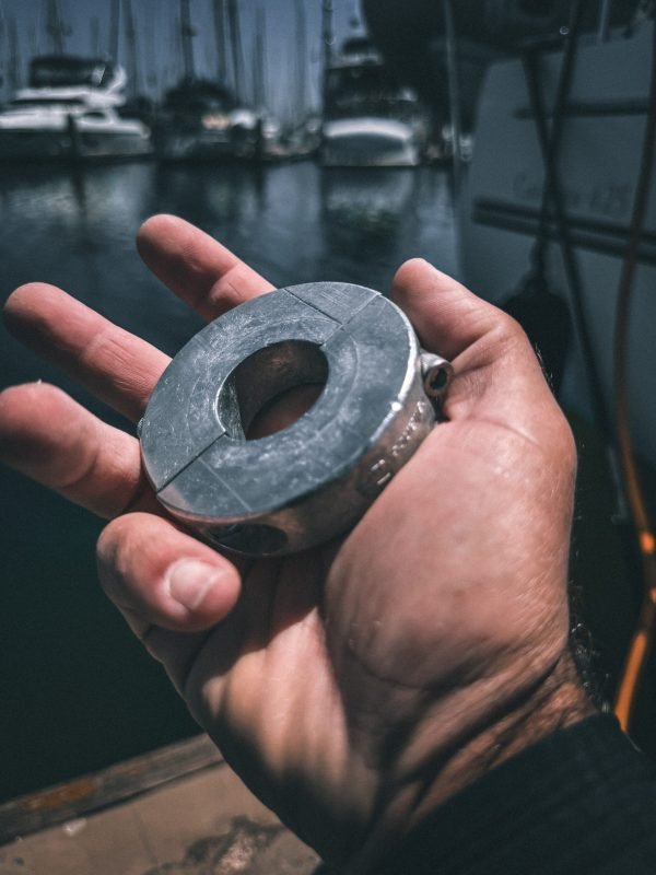 New shaft zinc anode ready for installation on a boat propeller shaft