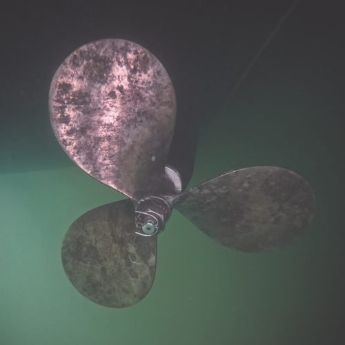 Boat propeller before underwater cleaning and inspection