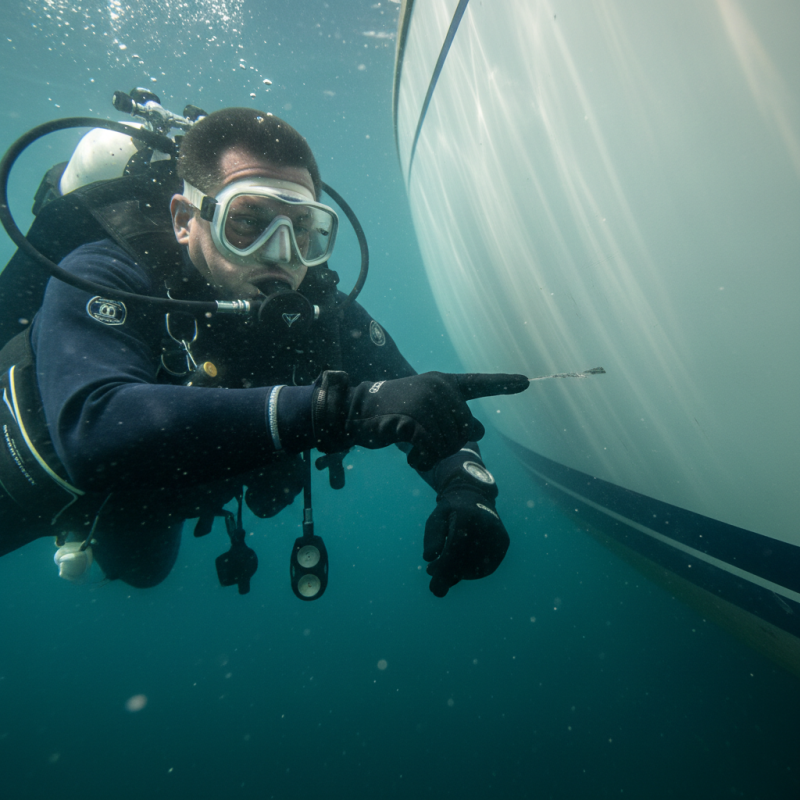 Professional diver performing a hull scuff audit on a boat in Berkeley Marina